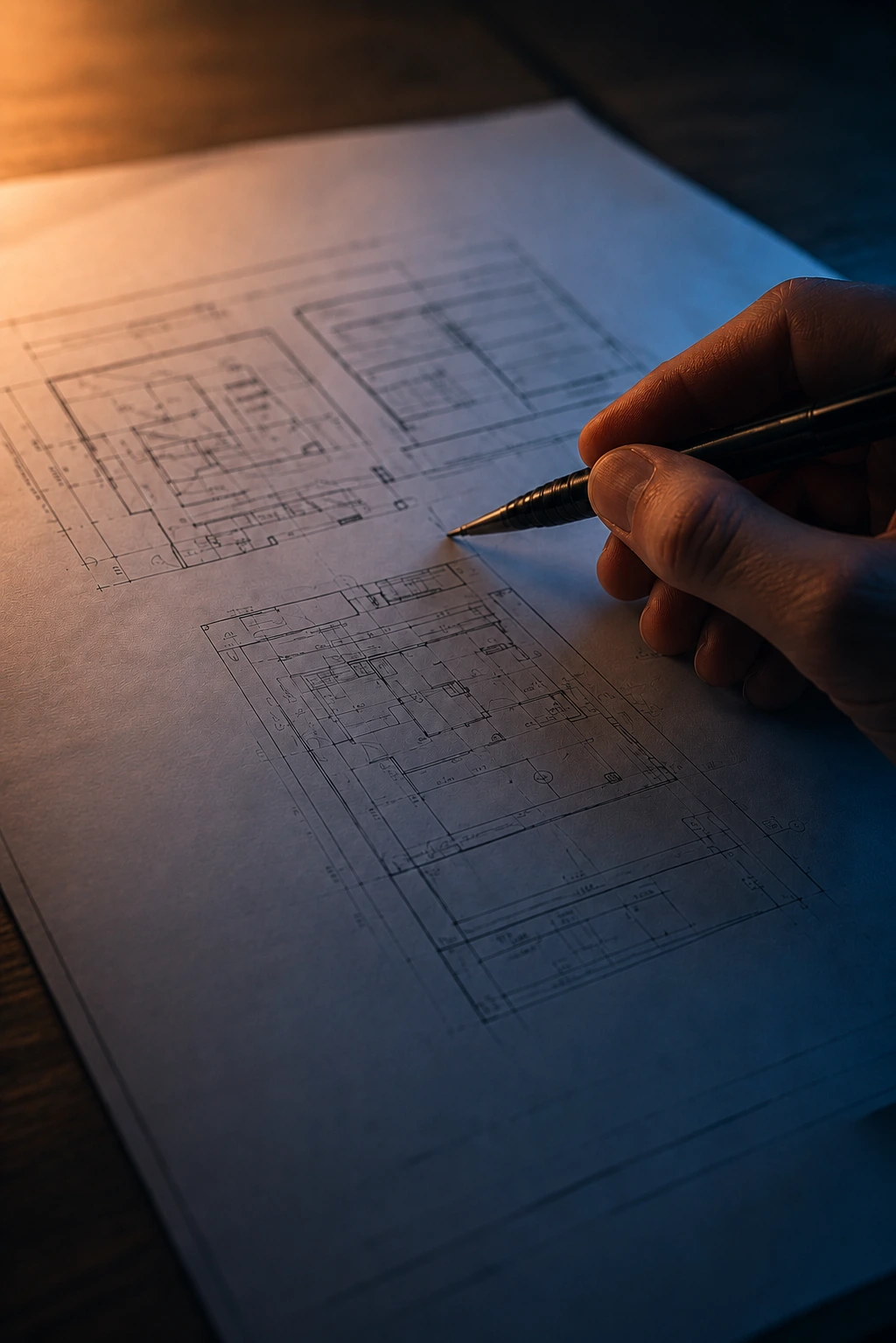 Architectural plans being drawn by hand.
