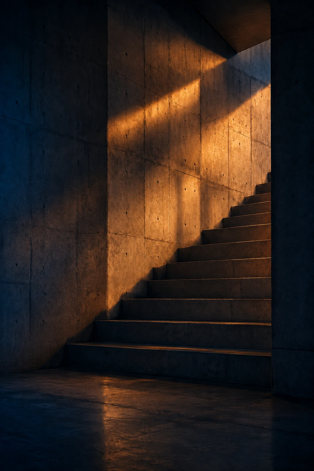 Concrete stairway illuminated by warm light.