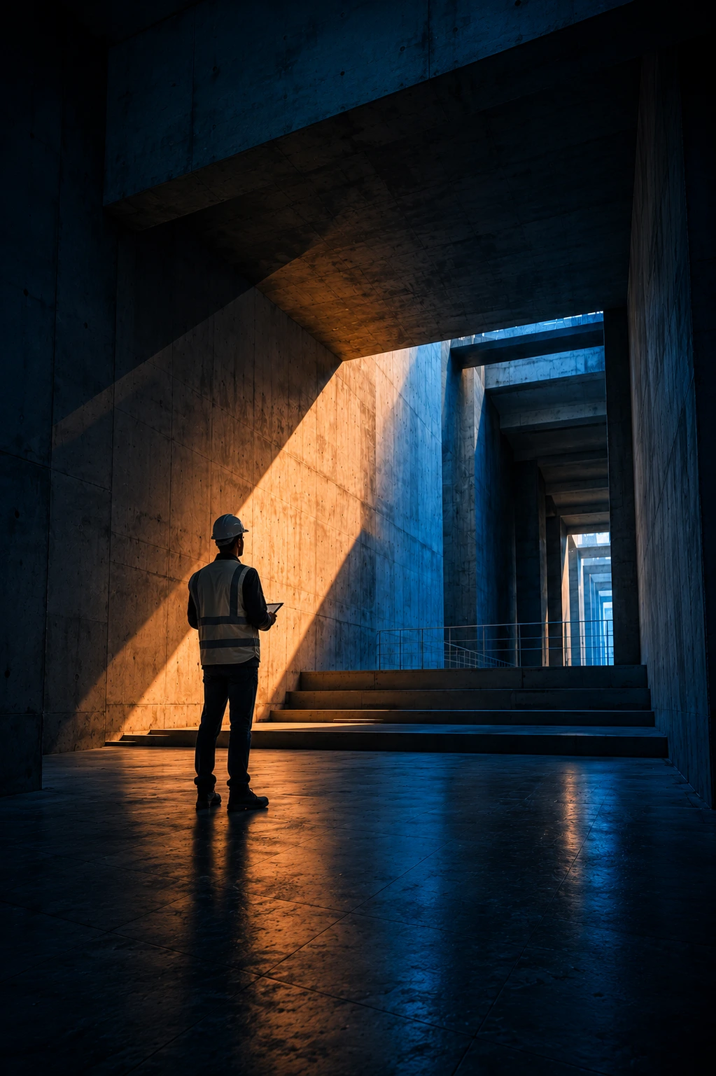 Concrete space shaped by warm and cool light.