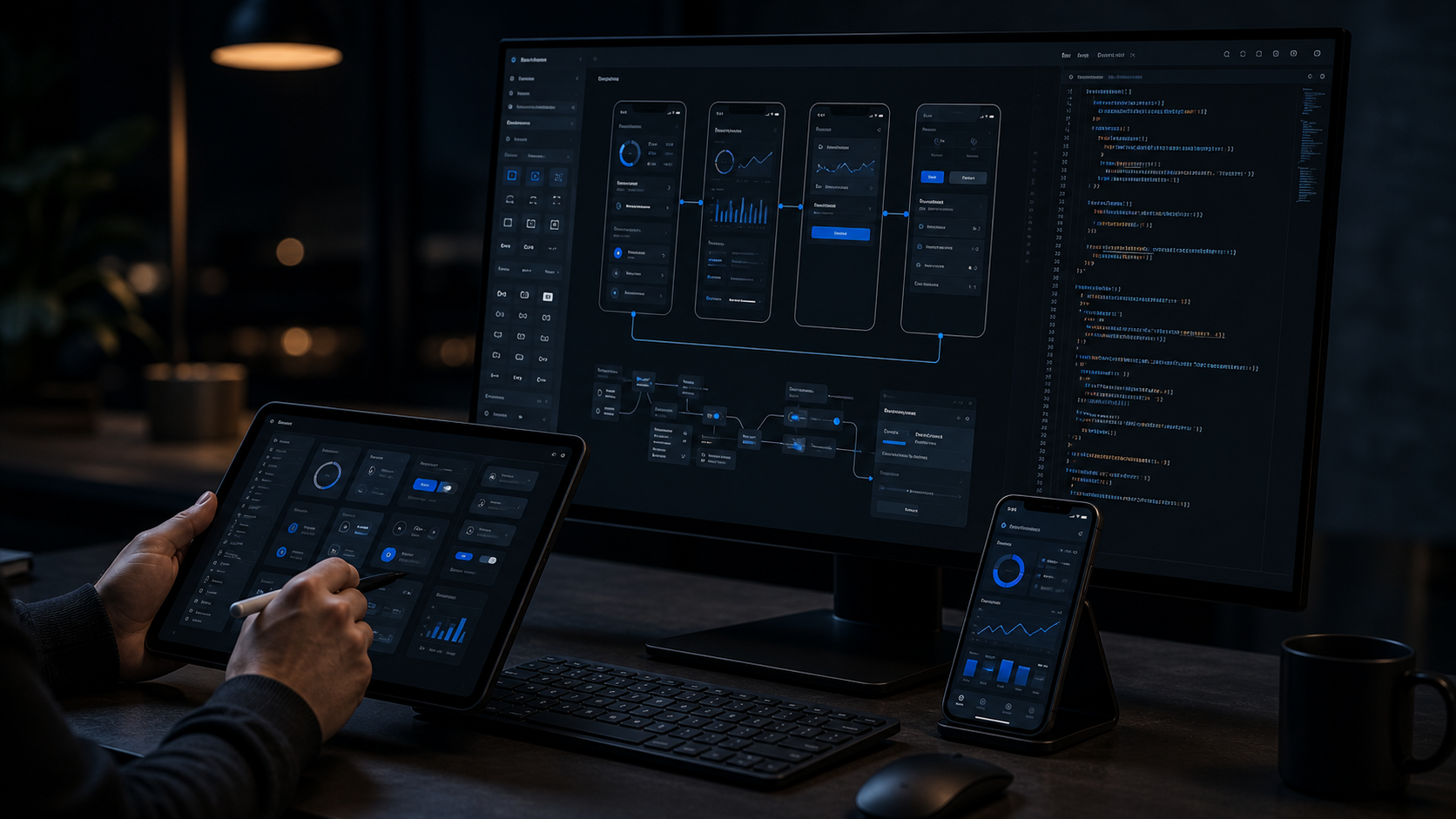 Application design workstation showing coordinated desktop, tablet, and mobile interfaces.