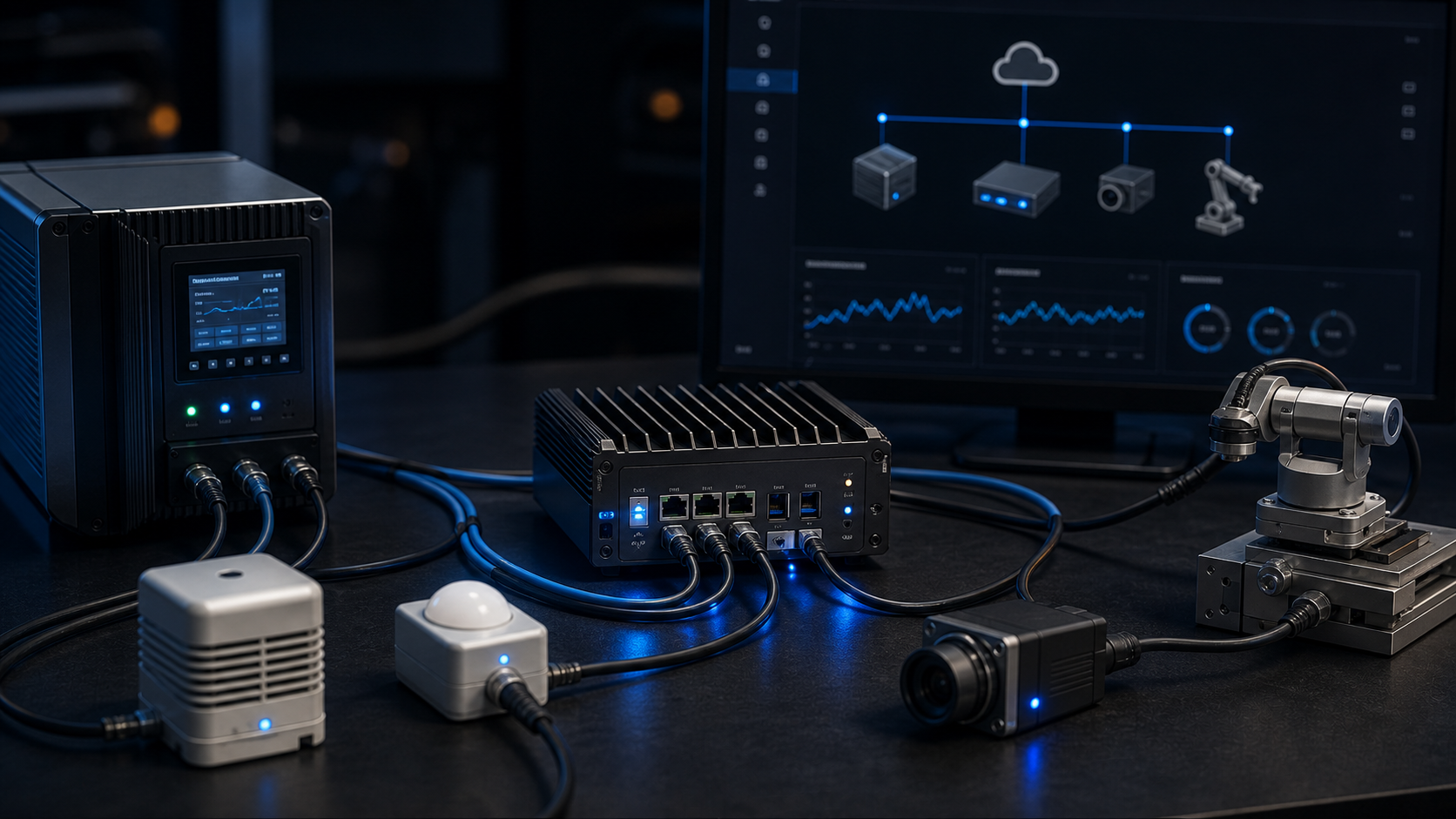 Industrial edge gateway connecting sensors, a camera, controller, and robotic actuator.