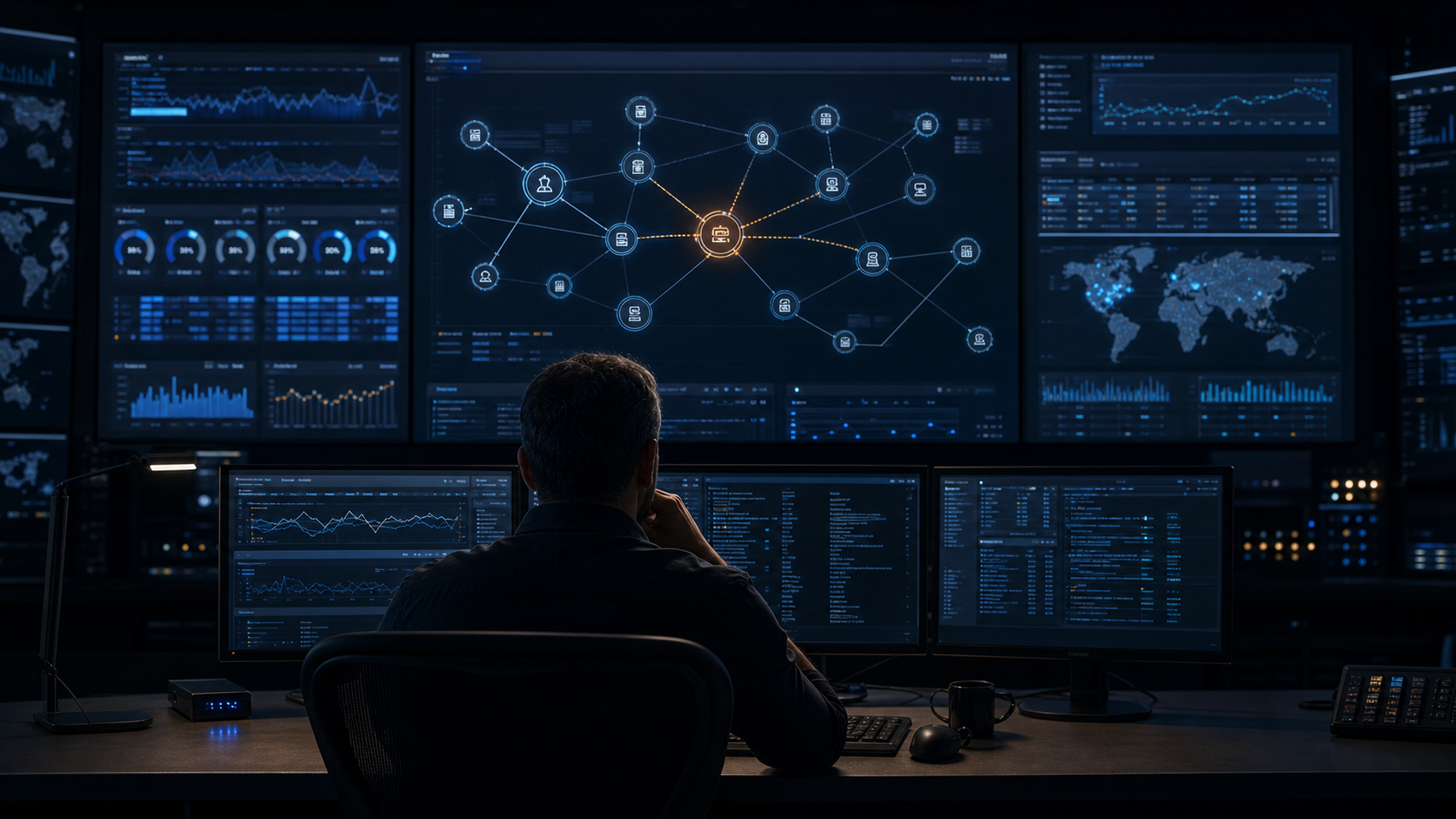Operations engineer tracing a service incident across live observability displays.
