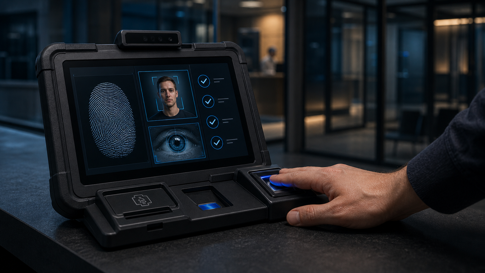 Secure biometric enrollment device capturing fingerprint, face, and iris data.