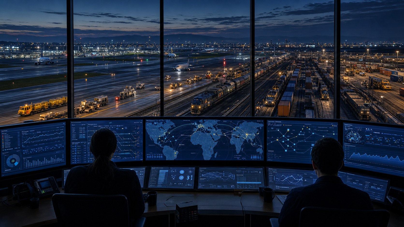 Transportation operations center coordinating aircraft, rail, and ground vehicles.